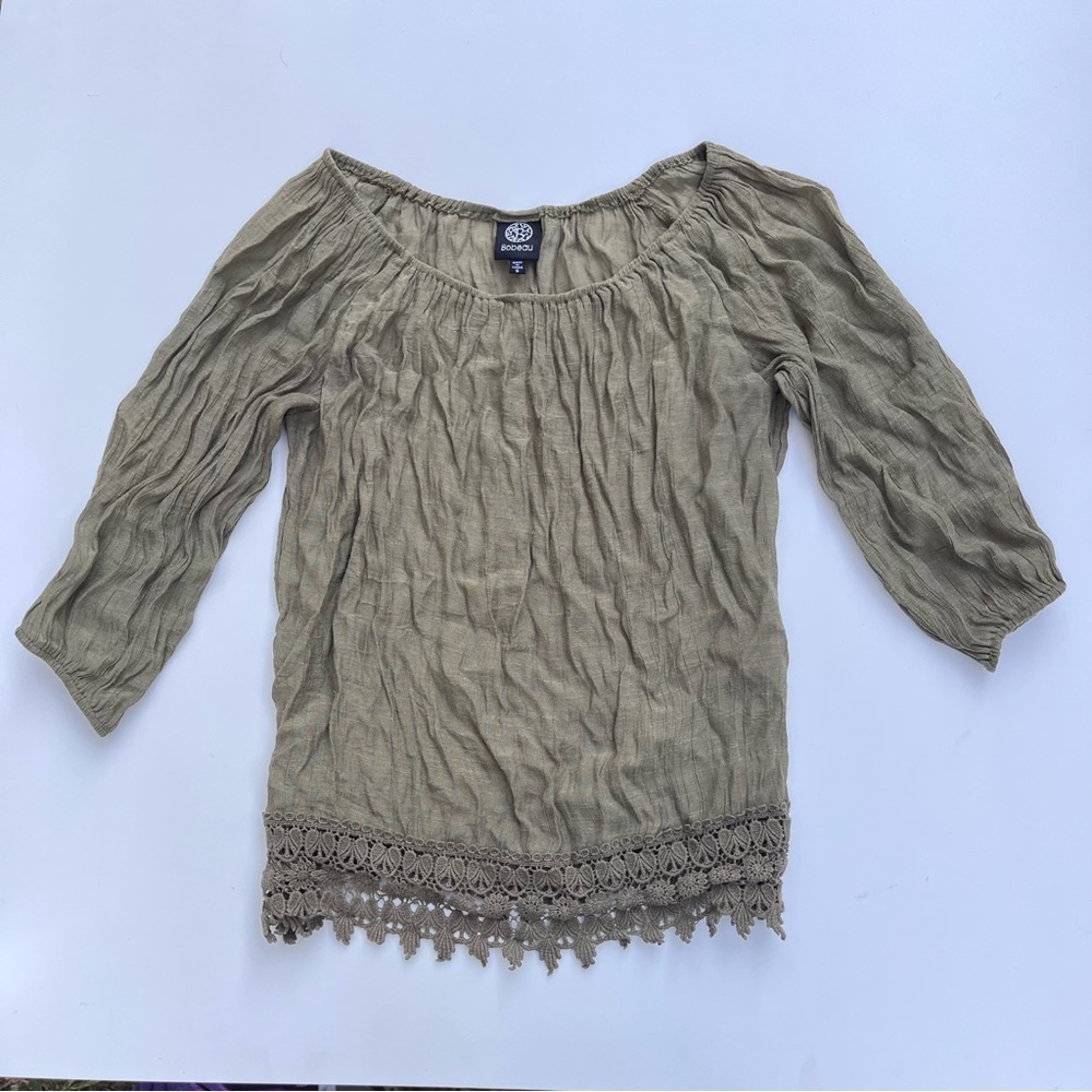 Vintage Bobeau Shirt Womens Small Green Crochet Y2k Peasant Boho 3/4 Sleeve Top